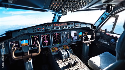 Cockpit of a large commercial airplane a cockpit trainer, Commercial aircraft cruising control panel in a plane cockpit.