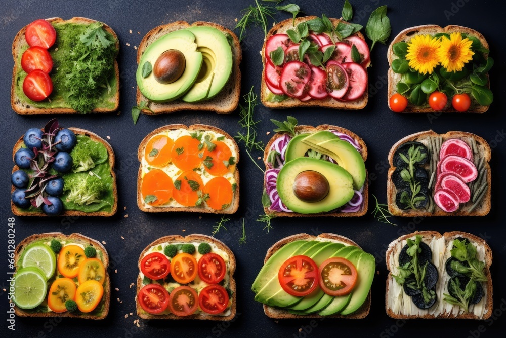 Top view of different decorated sandwiches as appetizer. Healthy food. Vegetable meal - obrazy, fototapety, plakaty 
