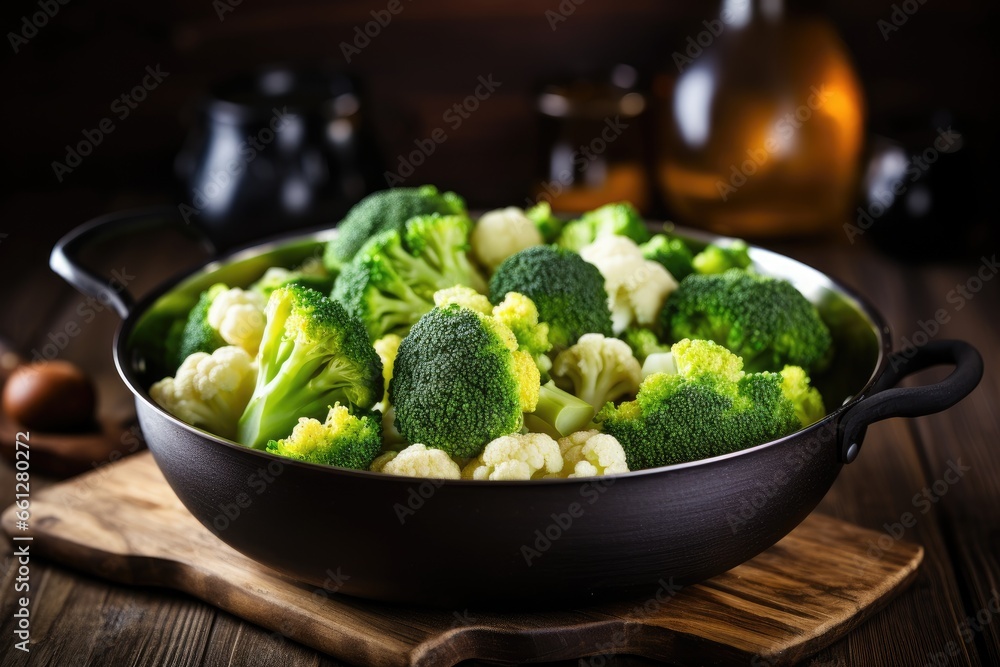Black saucepan with cooked broccoli and cauliflower on wooden table. Black saucepan with cooked broccoli and cauliflower on wooden table.