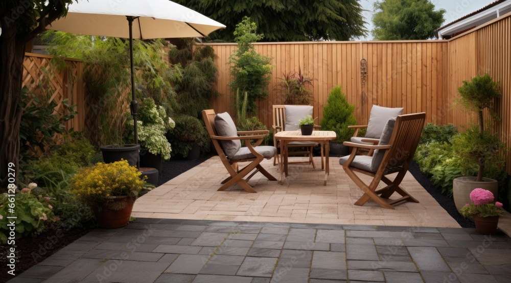 Obraz premium Beautiful of modern terrace with deck flooring and fence, green potted flowers plants and outdoors furniture. Cozy relaxing area at home.