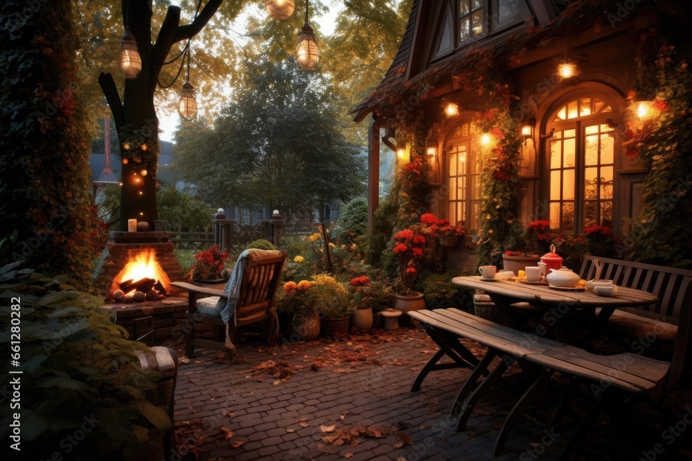 A small courtyard surrounded by greenery, simple patio furniture. - obrazy, fototapety, plakaty 