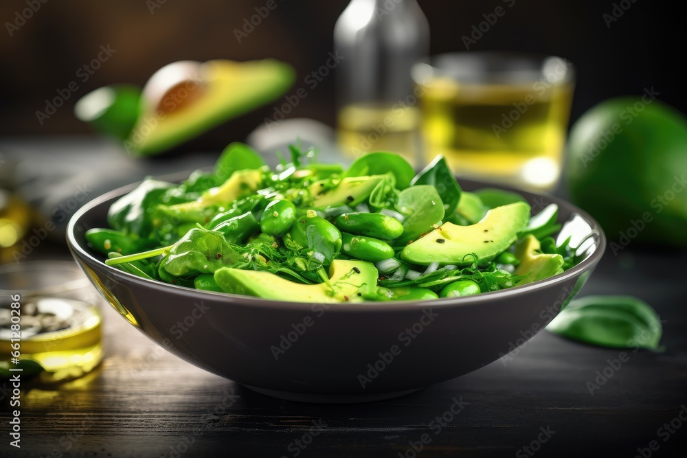 Healthy vegan green salad with avocado, green peas and spinach in bowl. Healthy vegan green salad with avocado, green peas and spinach in bowl.