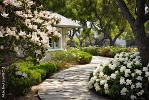 Classic and vintage pathway with green yard white rocks and flower bush.