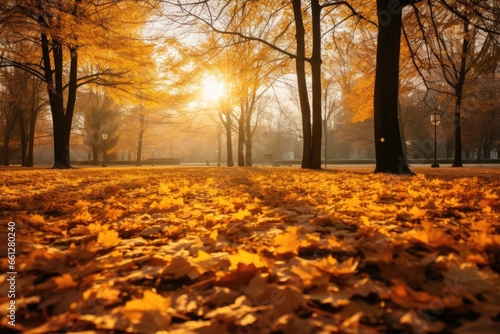 Autumn landscape, beautiful city park with fallen yellow leaves.