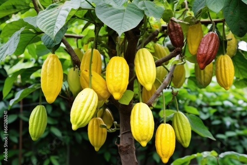 Cacao group pod on green leaf tree background