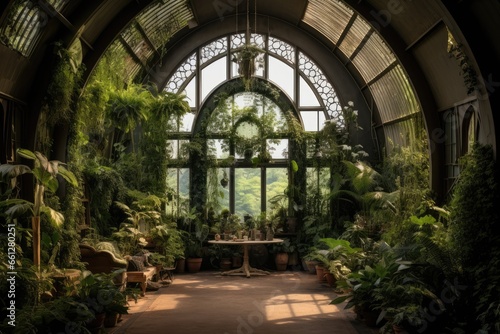 Interior home garden full of beautiful lush plants, tropical indoor plants photo