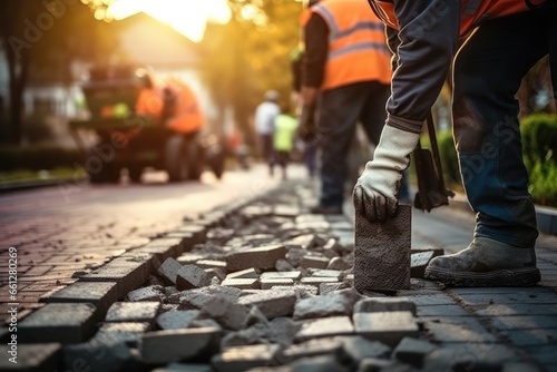 Builder lays outdoor paving slabs