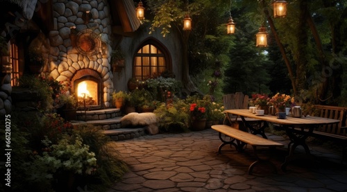 A small courtyard surrounded by greenery  simple patio furniture.