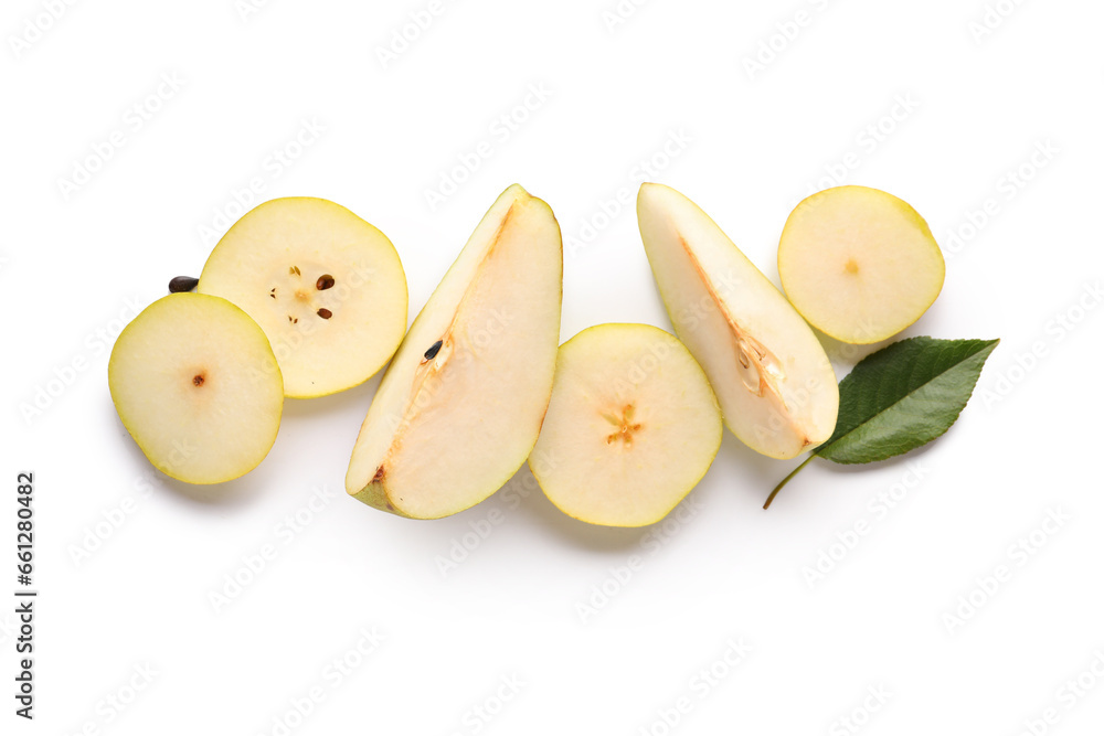 Ripe cut pears and green leaf isolated on white background Ripe cut pears and green leaf isolated on white background