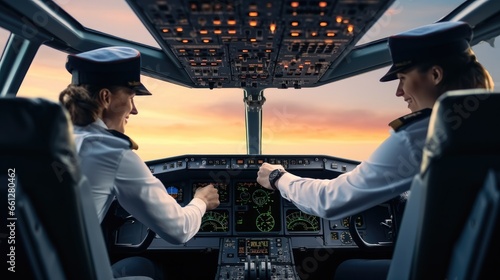 Airline pilot woman in cockpit of commercial airplane. photo