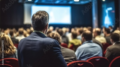 Audience in the lecture hall, Speaker Giving a Talk at Business Meeting.