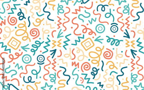 Cute colorful line doodle seamless pattern. Creative minimalist style art abstract background. Simple childish scribble backdrop. Colorful swirls, circles, lines.