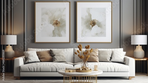 Interior poster mock up with two frames on the wall above velvet sofa with pillows and plaid.