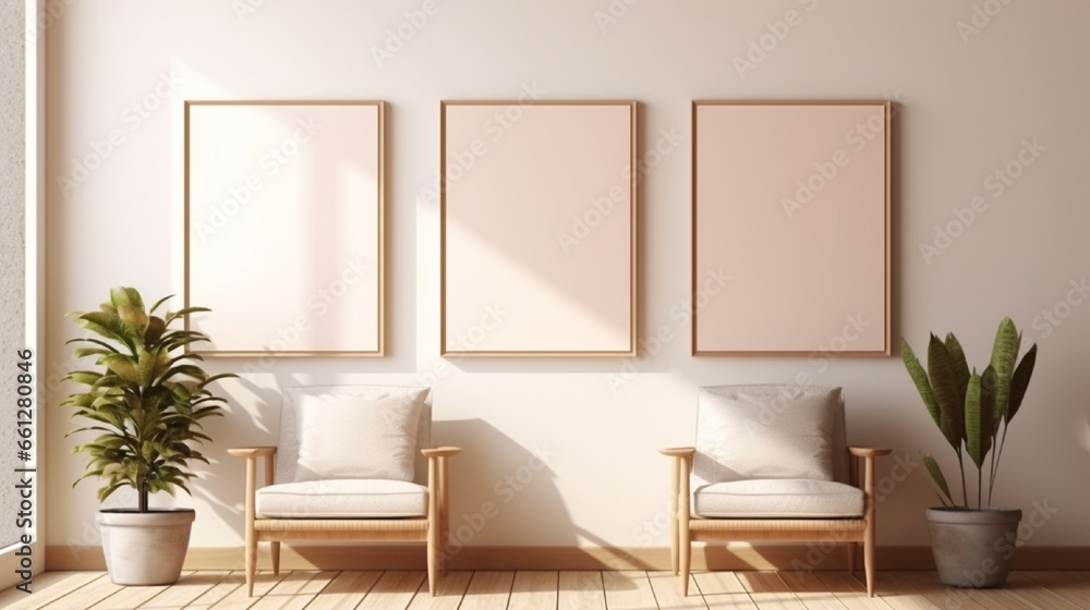 Interior room with two picture frames on the wall, furniture and plant under warm sunshine. Poster frame mockup scene. Interior room with two picture frames on the wall, furniture and plant under warm sunshine. Poster frame mockup scene.