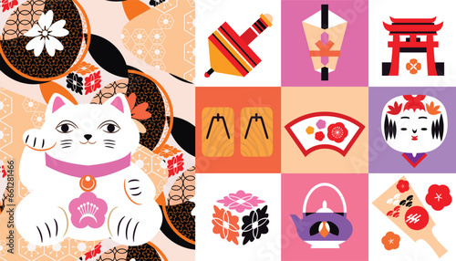 Japanese toys. National cultural lucky items, asian fortune symbols, daruma, maneki cat and kokeshi dolls, traditional masks, Fuji, sakura Vector illustration