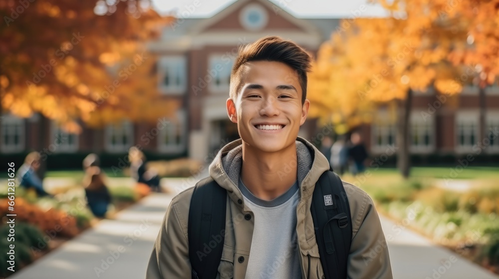 Smiling Asian student on a college campus.