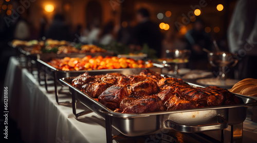 People group catering buffet food indoor in restaurant with meat colorful fruits and vegetables.