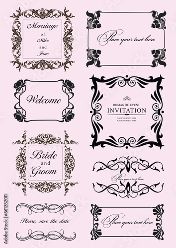 Calligraphic elements and frame vintage set. Vector