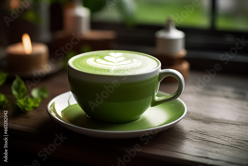 Green japanese matcha latte with hot milk on a green plenty plants background shot from a top view in a studio. Generative AI.