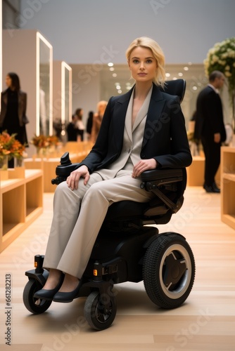 Woman quadriplegic in wheelchair is shopping in an exclusive fashion boutique.