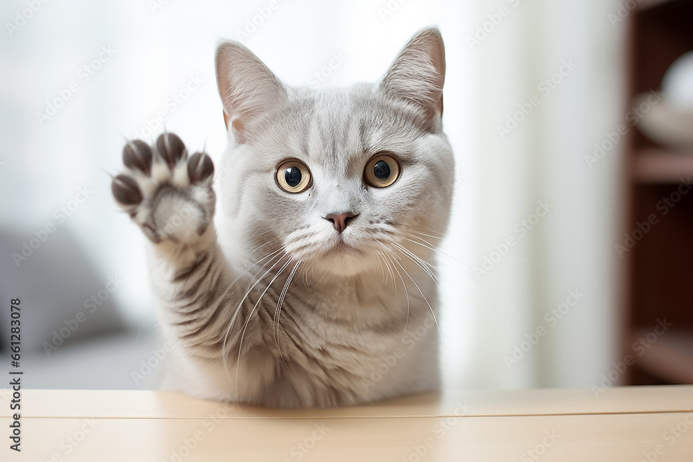 A little gray kitten was held in a human hand carefully, shot in a studio. Generative AI.