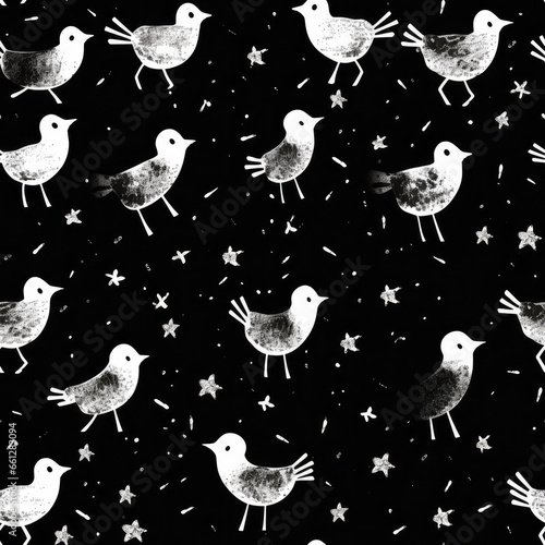 Birds grunge graffiti graphic repeat pattern black and white