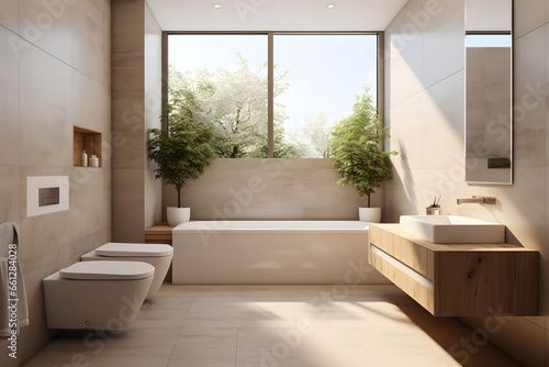 Bright, modern bathroom with marble and wood accents, flooded with natural light through large windows.