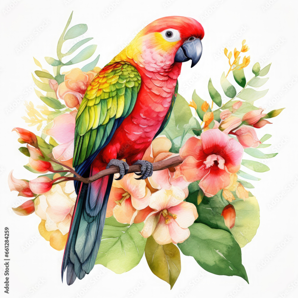 Obraz premium Parrot flower and fruit Illustration, Generative Ai