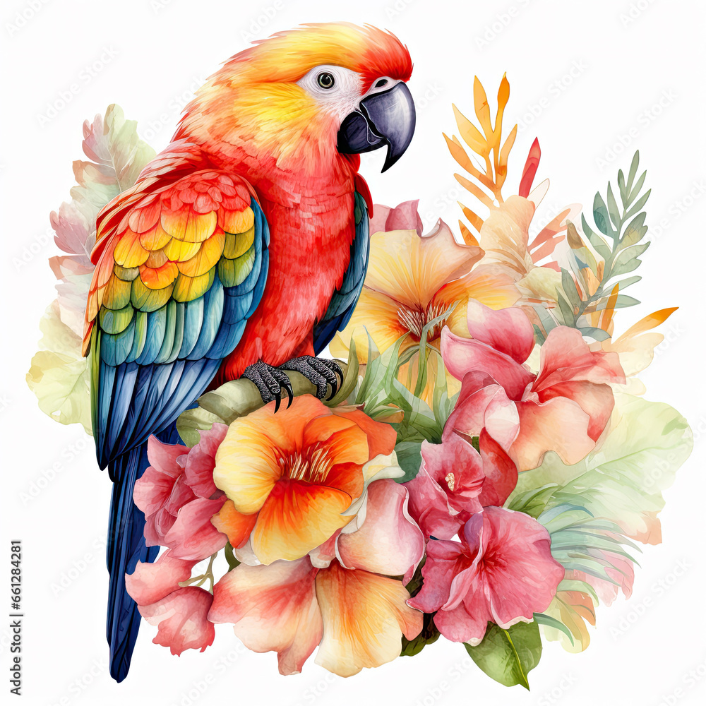 Obraz premium Parrot flower and fruit Illustration, Generative Ai