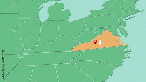 Mapa de los Estados Unidos de América con división política resaltando el estado de Virgina photo