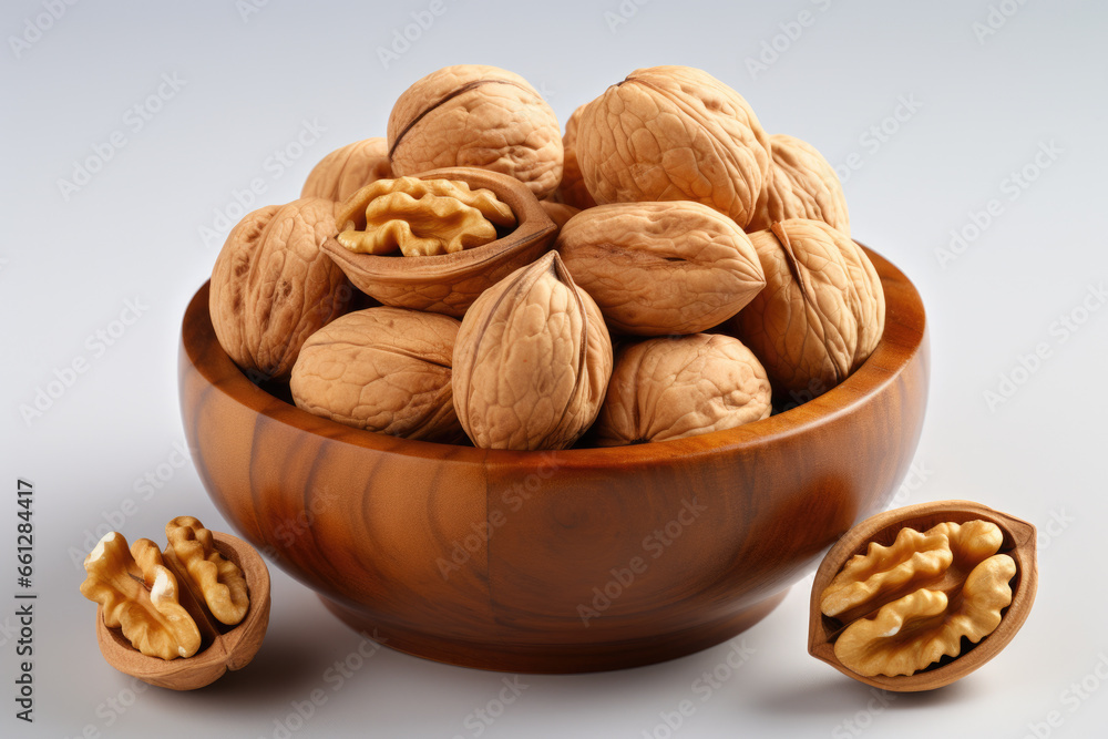 Wooden bowl filled with walnuts sits on top of table. This image can be used to depict healthy snacks, natural food, or autumn harvest. Wooden bowl filled with walnuts sits on top of table. This image can be used to depict healthy snacks, natural food, or autumn harvest.
