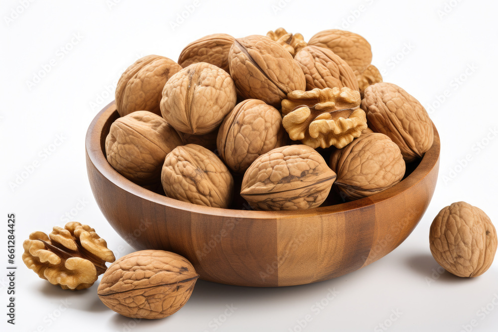 Wooden bowl filled with walnuts sits on top of white surface. This versatile image can be used to represent healthy eating, cooking, autumn, or natural ingredients. Wooden bowl filled with walnuts sits on top of white surface. This versatile image can be used to represent healthy eating, cooking, autumn, or natural ingredients.