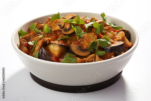 White bowl filled with delicious combination of meat and vegetables. Perfect for healthy and satisfying meal.