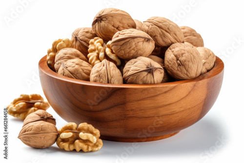 Wooden bowl filled with fresh walnuts, placed on clean white surface. This image can be used to showcase healthy snacks, natural ingredients, or rustic kitchen setting. © vefimov
