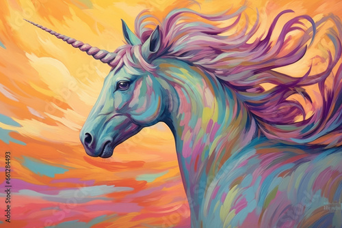 Painting of majestic unicorn with long flowing mane. Ideal for fantasy-themed designs and children's illustrations.