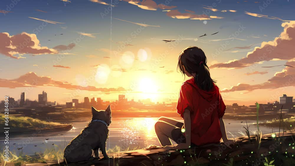 a cute anime girl sitting on a log with a cat looking at the evening sunset by the river. seamless looping video animation background.