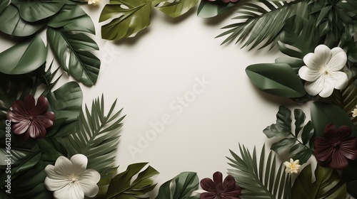 Creative layout made of tropical leaves and flowers on white background. Flat lay, top view