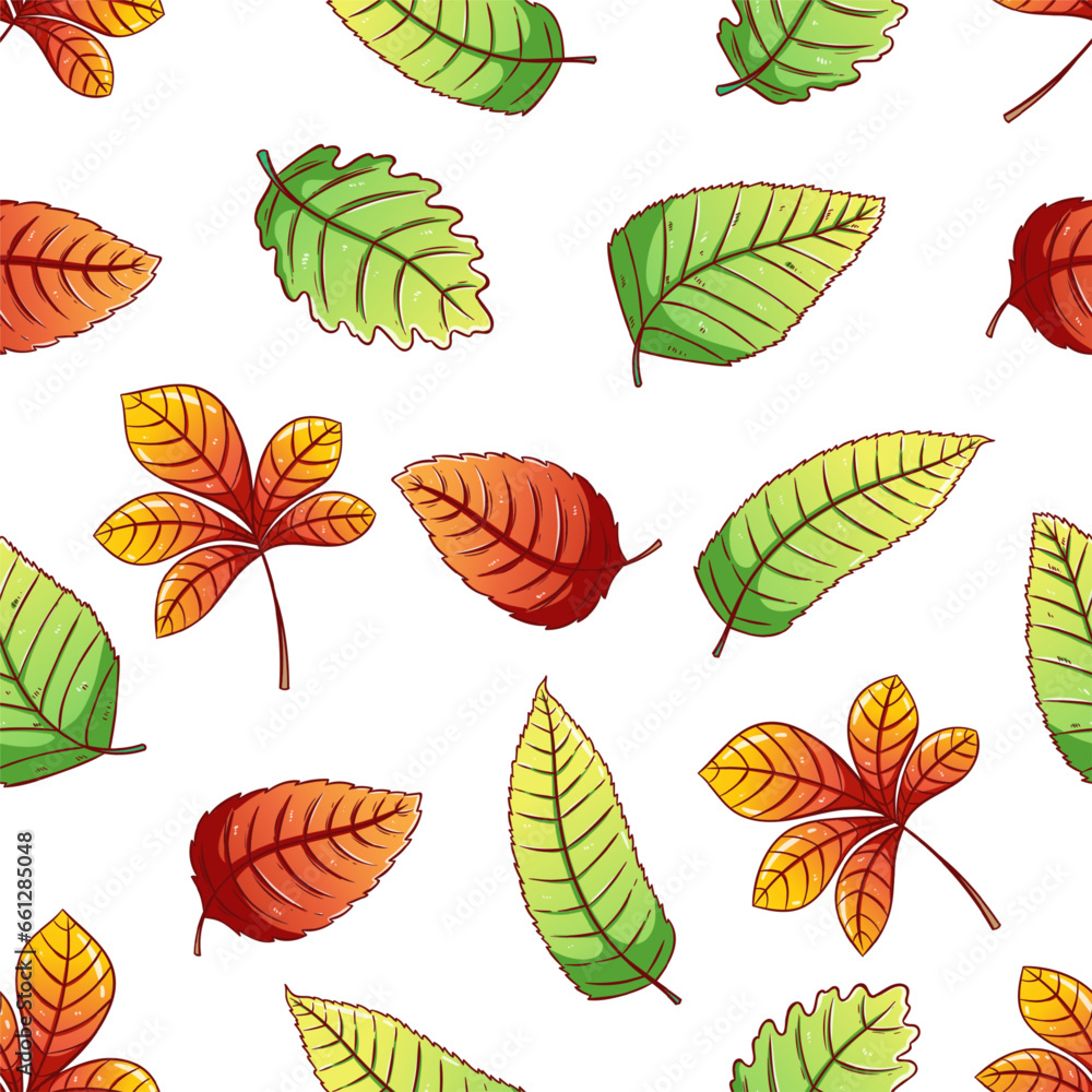 Obraz premium autumn leaves in seamless pattern. maple leaf hand drawing collection