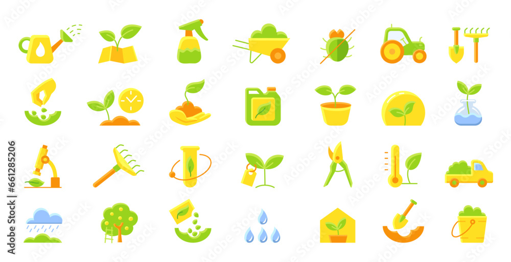 Agriculture and gardener. Set of color flat icons. Growing plant. Vector. Agriculture and gardener. Set of color flat icons. Growing plant. Vector.