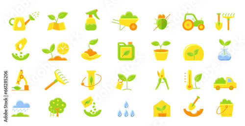 Agriculture and gardener. Set of color flat icons. Growing plant. Vector. © ilyakalinin