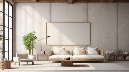 White and wooden living room interior with a concrete floor, loft windows, a beige sofa, a coffee table and a poster. © Muqeet 