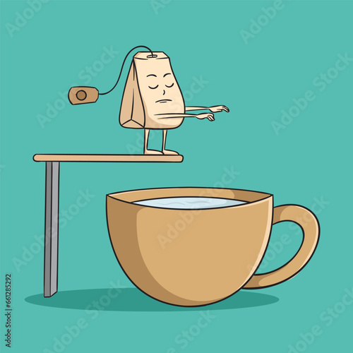 funny tea bag jump to the tea cup vector illustration