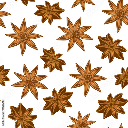 Seamless pattern with vector stars of anise on white background.