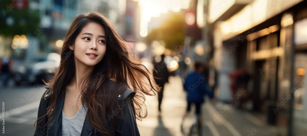 Young Asian woman walking city street