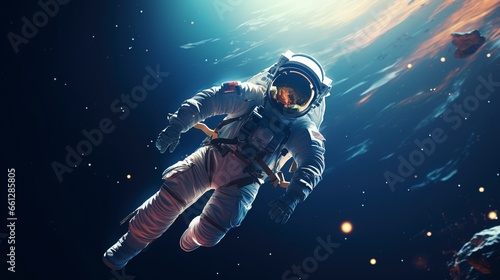 An awe-inspiring animated illustration that showcases an astronaut's view during a spacewalk in the vastness of outer space, providing a breathtaking perspective of the cosmos