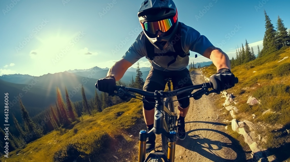 An exhilarating mountain biking scene captured from a helmet camera perspective, showcasing a thrilling descent down rugged trails, with breathtaking mountain vistas in the background