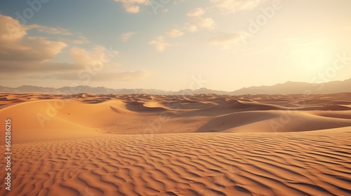 A desolate barren desert landscape dominated by vast stretches of sand dunes, under a clear sky, conveying a sense of arid isolation
