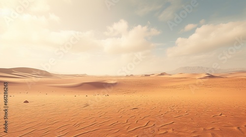 A remote desert landscape featuring vast sand dunes under a clear sky  with the sun setting in the distance  creating a stunning and tranquil scene in this arid wilderness