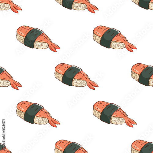 tasty sushi in seamless pattern with coloring hand drawn style. japanese food sushi