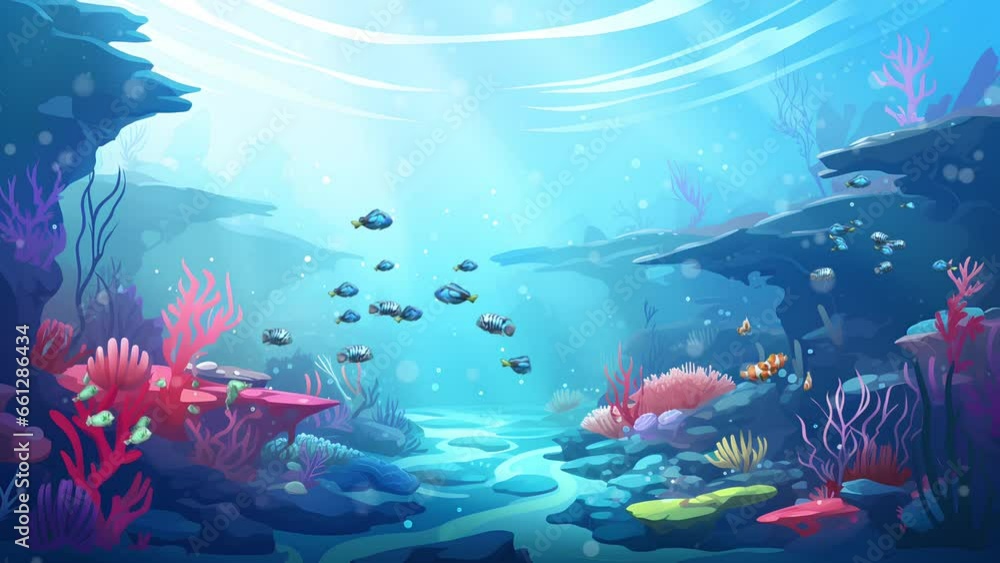 scene of life under the sea. beautiful fish swimming. beautiful colorful coral reef plants. animated cartoon videos